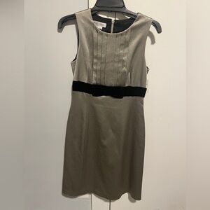 Neiman Marcus Shimmery Pewter Midi Dress with Black Velvet Bow